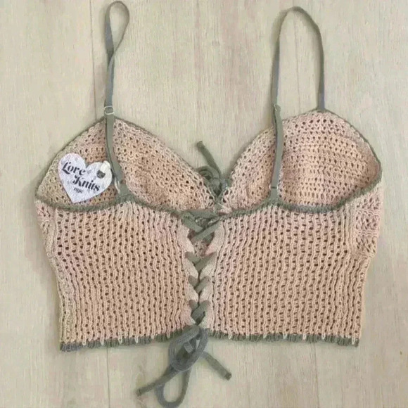 LOVE KNITS | Women's Tan/Green Crochet Tie-Up Spaghetti Strap Crop Top - Picture 3 of 4